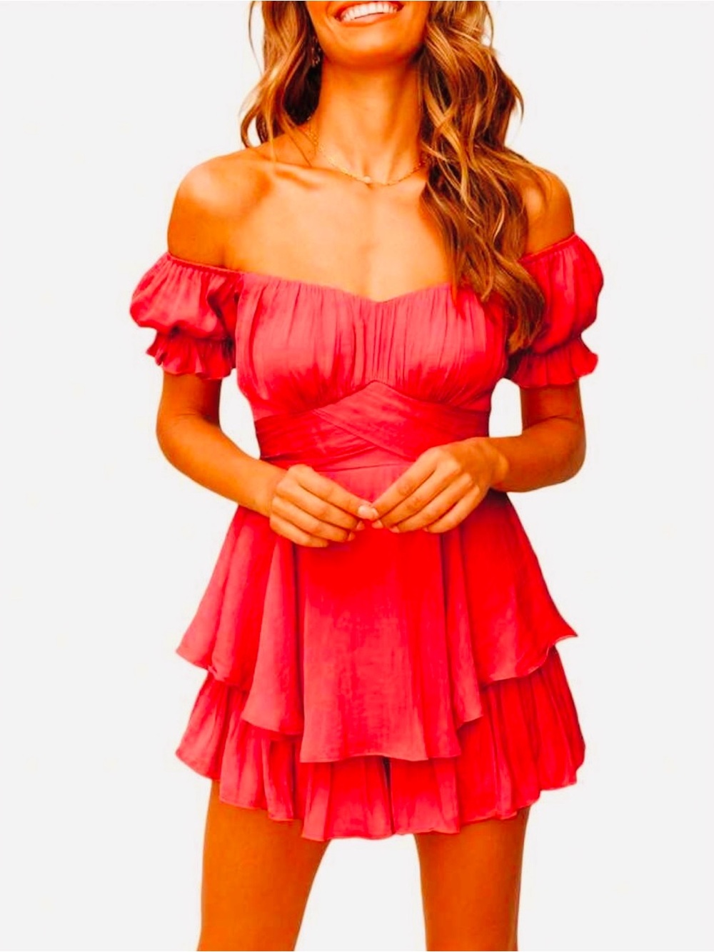 Coral Romper with tiered bottom